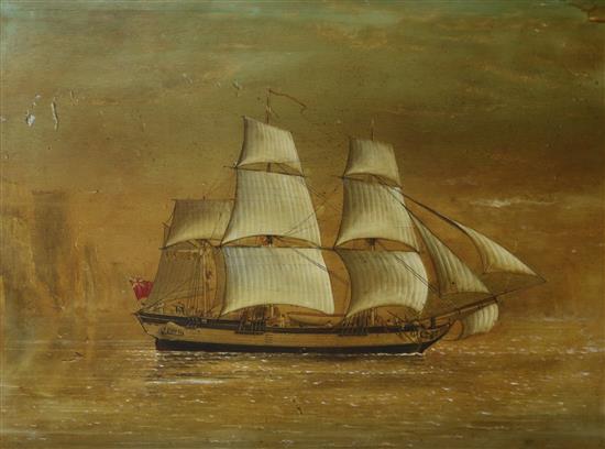 A hand tinted print of His Majestys Armed Transport: The Bounty, the eve before the mutiny 1789, 52 x 70cm